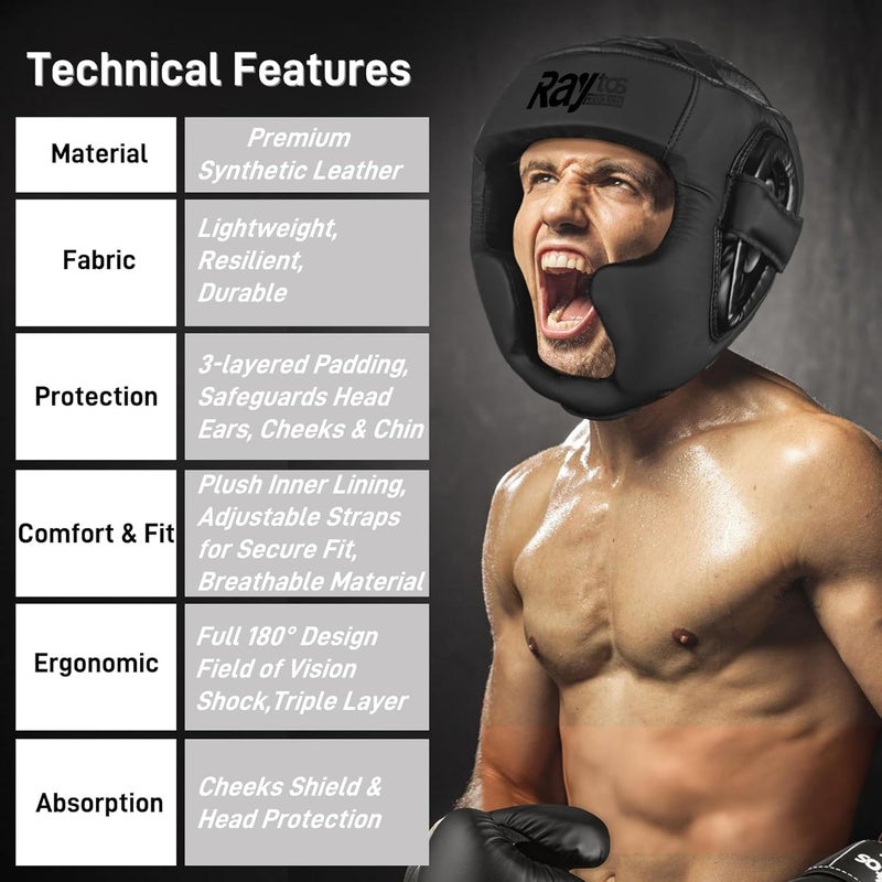 Raytos Boxing Headgear Helmet for Men Women - Professional Lightweight Open Face Combat Head Guard with Breathable Protection, Secure Fit for MMA Muay Thai Kickboxing Sparring Training Fighter - Image 4